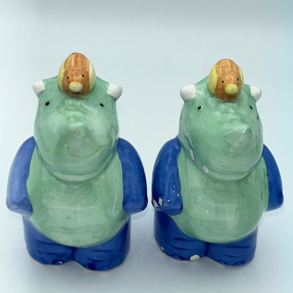 Vintage CoCo Dowley Ceramic Rhino Rhinoceros Bird Salt & Pepper Set